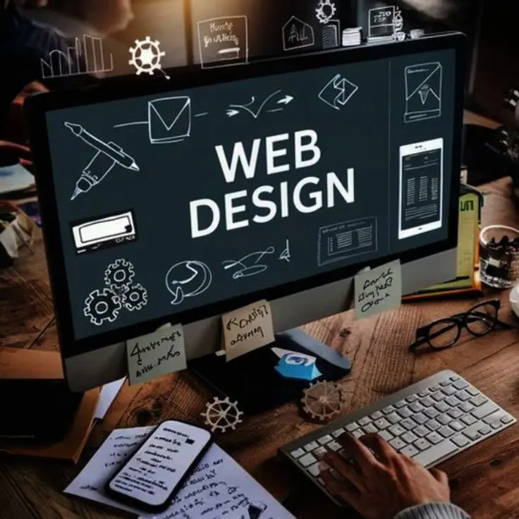 modern workspace displaying web design on a desktop screen with design icons, notes, and tools, representing a creative digital marketer in calicut working on website design and development.