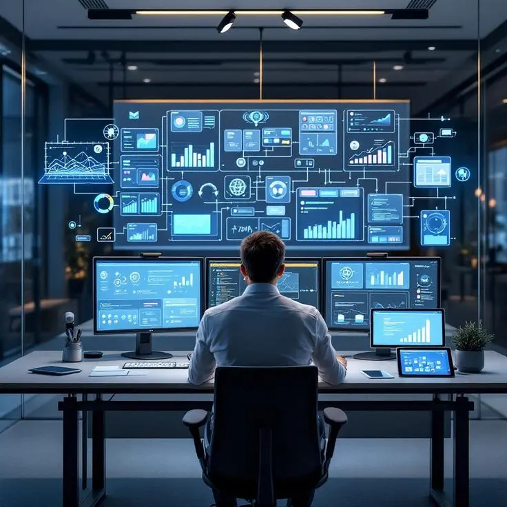 professional workspace showing a data driven digital marketer in calicut analyzing multiple dashboards, charts, and analytics screens on several monitors in a modern office environment.