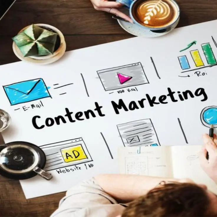 a creative digital marketer in calicut brainstorms a strategic content marketing plan over coffee and sketches.