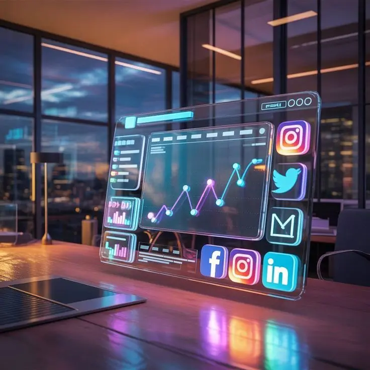a futuristic dashboard displays social media growth and analytics, used by a digital marketer in calicut to track campaign performance.